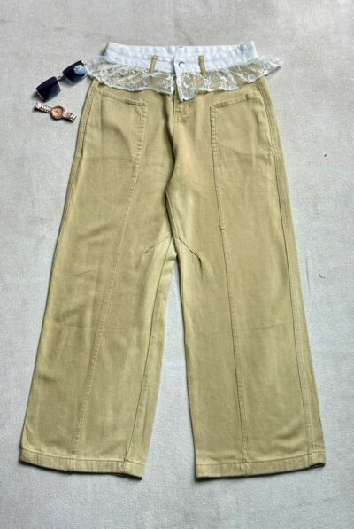 Beige Lace Waist Wide Leg Jeans