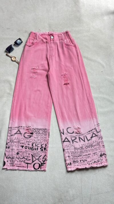 Girls Pink Graffiti Wide Leg Jeans
