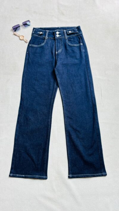Dark Blue Double Button Wide Leg Jeans