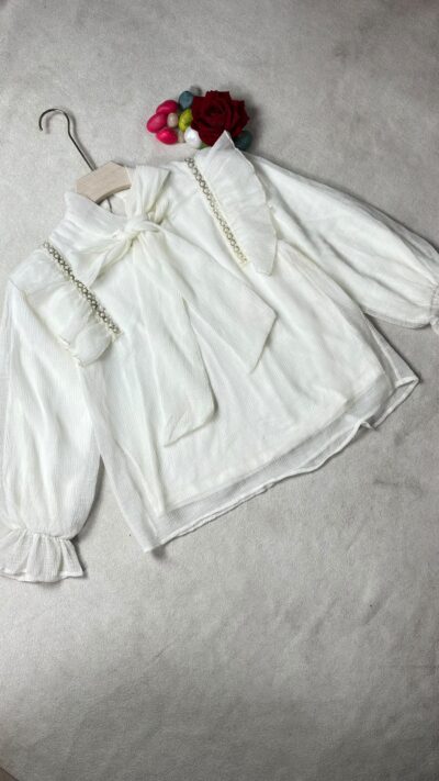 White Bow Neck Pearl Detail Top