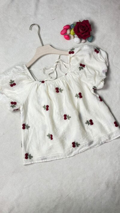 White Cherry Embroidered Puff Sleeve Top