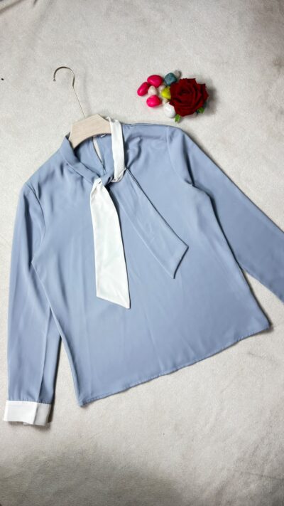 Sky Blue Contrast Tie-Neck Top